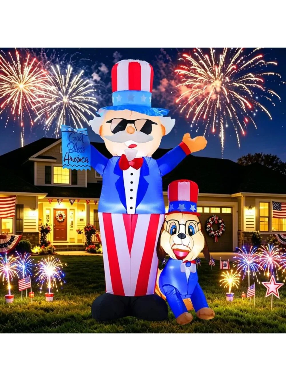 7FT Patriotic 4th of July Inflatable Decor with LED Lights - Uncle Sam & Dog